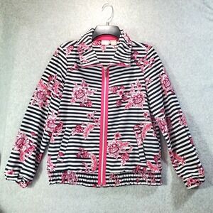 Chicos Zenergy Jacket Womens Medium Pink Black Stripe Floral Full Zip Stretch